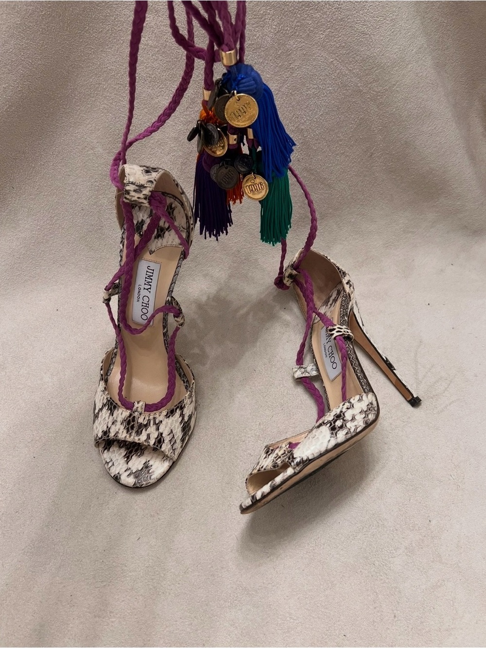 Jimmy Choo Purple Lace-Up Snakeskin Tassel Heels